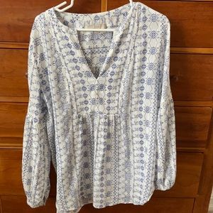LOFT Boho blue and white cotton top.